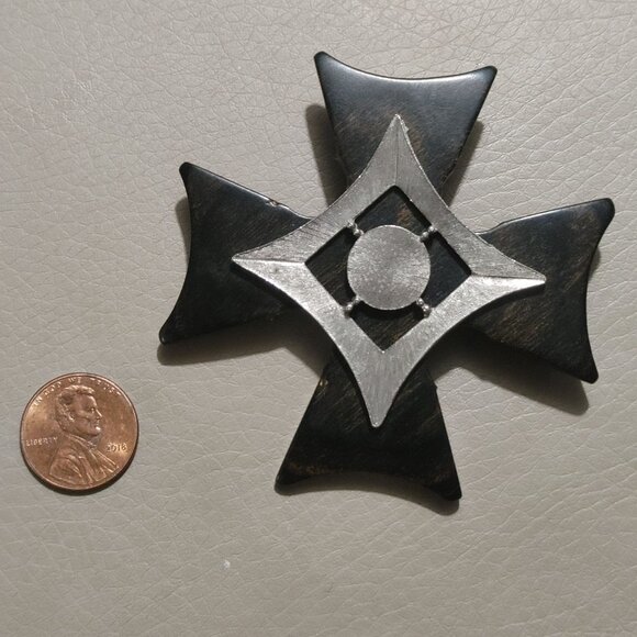 Large Armenian Wooden Silver Tone MCM Gothic Cross Brooch Pin Statement Vintage - Picture 4 of 9